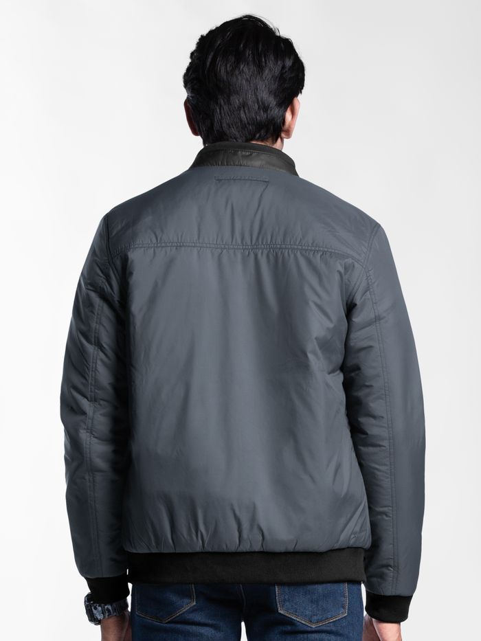 Dark Grey Solid Bomber Jacket For Men - Image 2