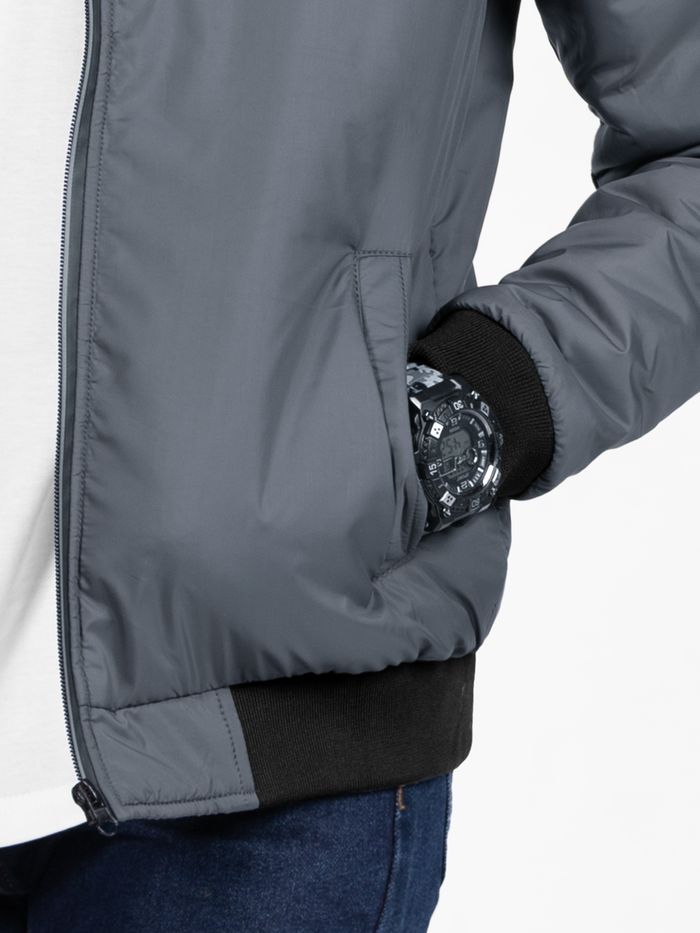 Dark Grey Solid Bomber Jacket For Men - Image 3