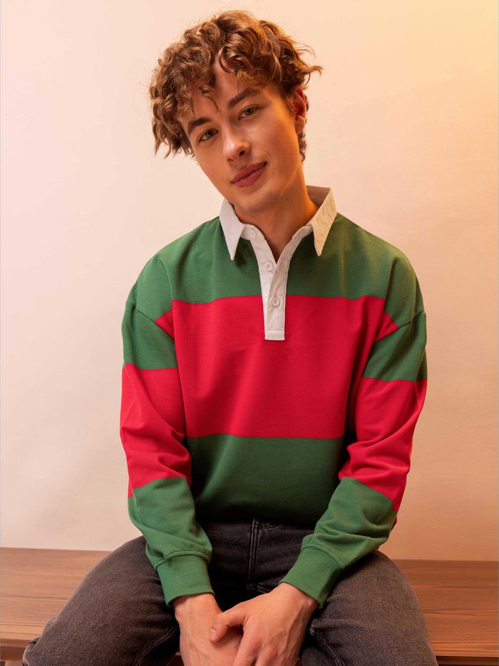 Green and Red Rugby Polo Oversized Men Sweatshirts