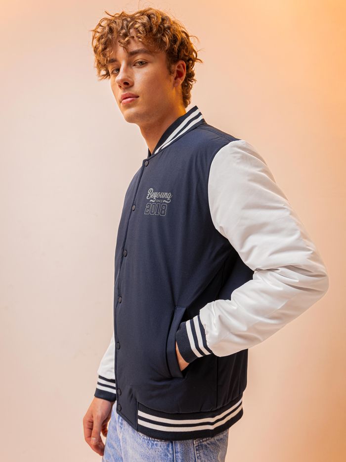 Navy Blue Solid Varsity Jacket for Men