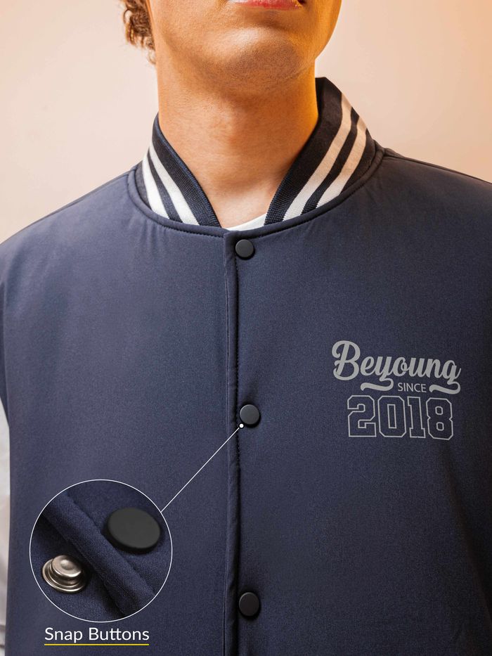 Navy Blue Solid Varsity Jacket for Men - Image 3
