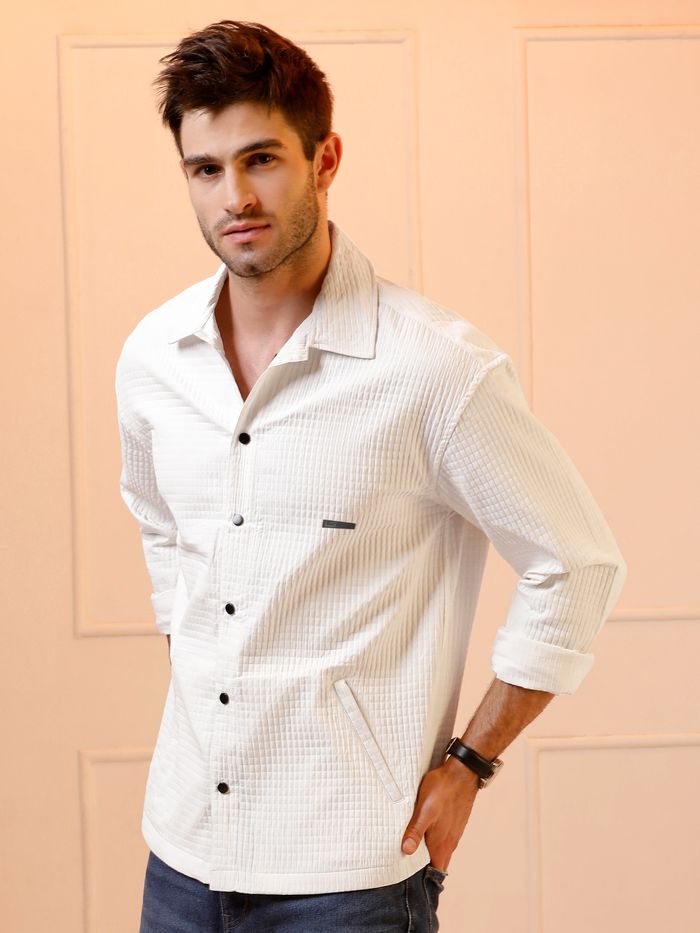 White Textured Overshirt for Men