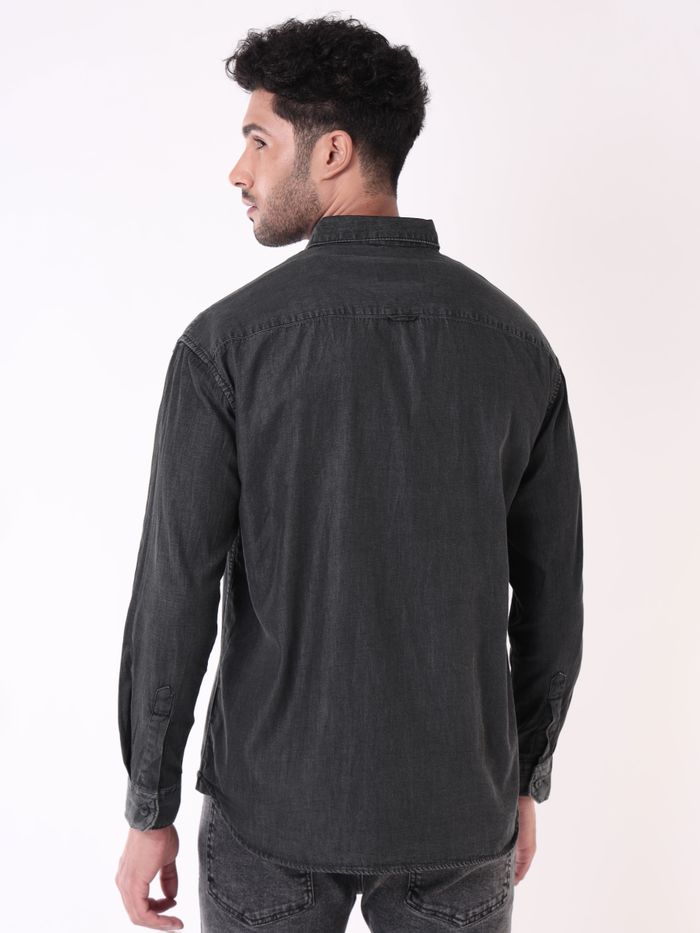 Black Single Pocket Denim Shirt for Men - Image 2