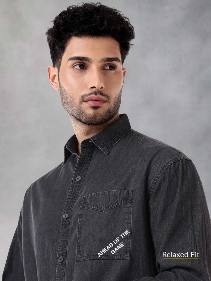 Black Single Pocket Denim Shirt for Men - Image 3