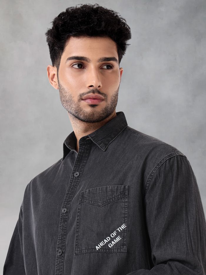 Black Single Pocket Denim Shirt for Men