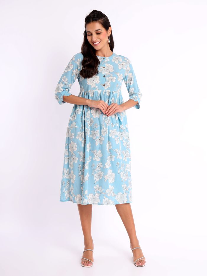 Light Blue Floral A-Line Kurta