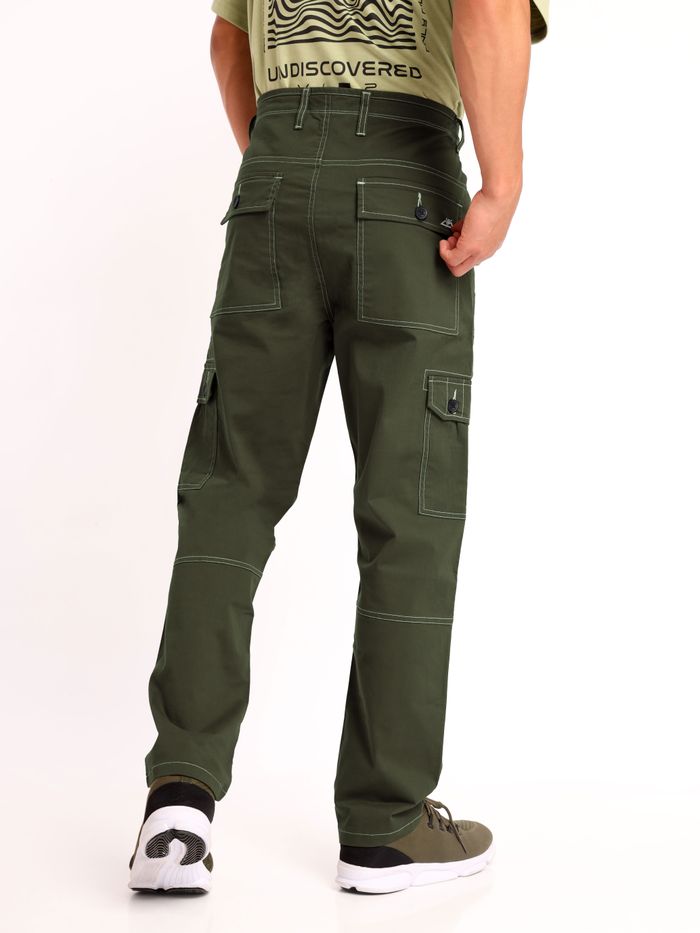 Sage Green Contrast Stitch Cargo Pants for Men - Image 3