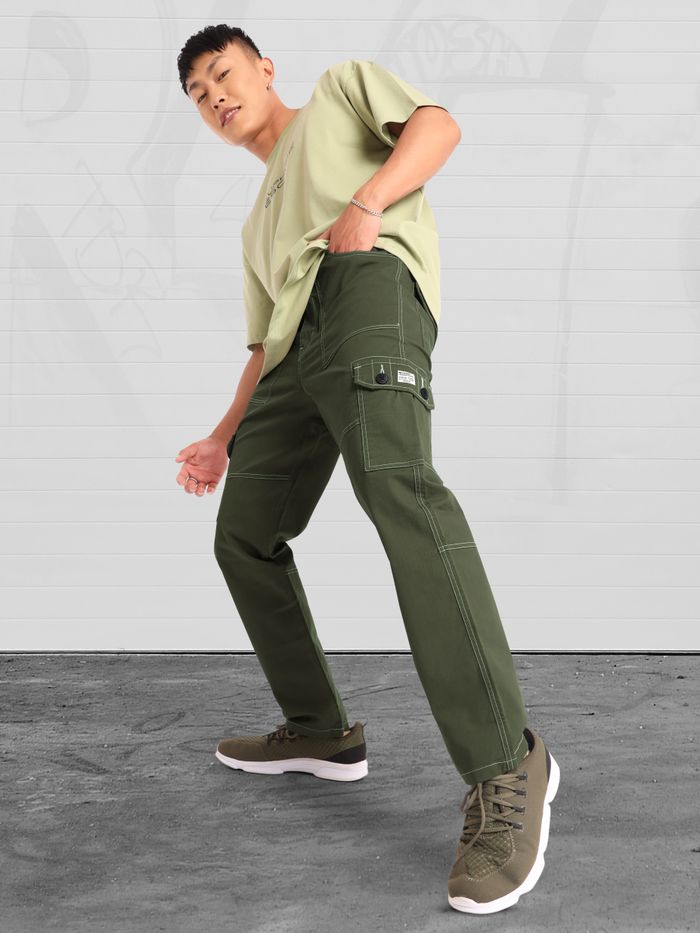 Sage Green Contrast Stitch Cargo Pants for Men