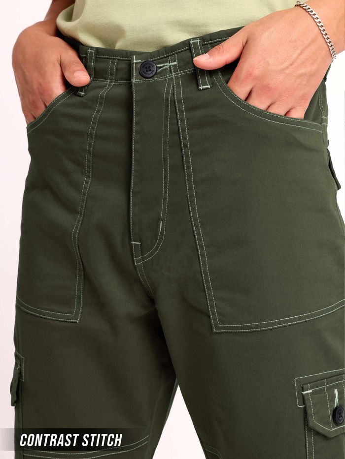 Sage Green Contrast Stitch Cargo Pants for Men - Image 2