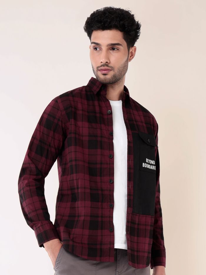 Single Pocket Dark Red Checked Shirts for Men