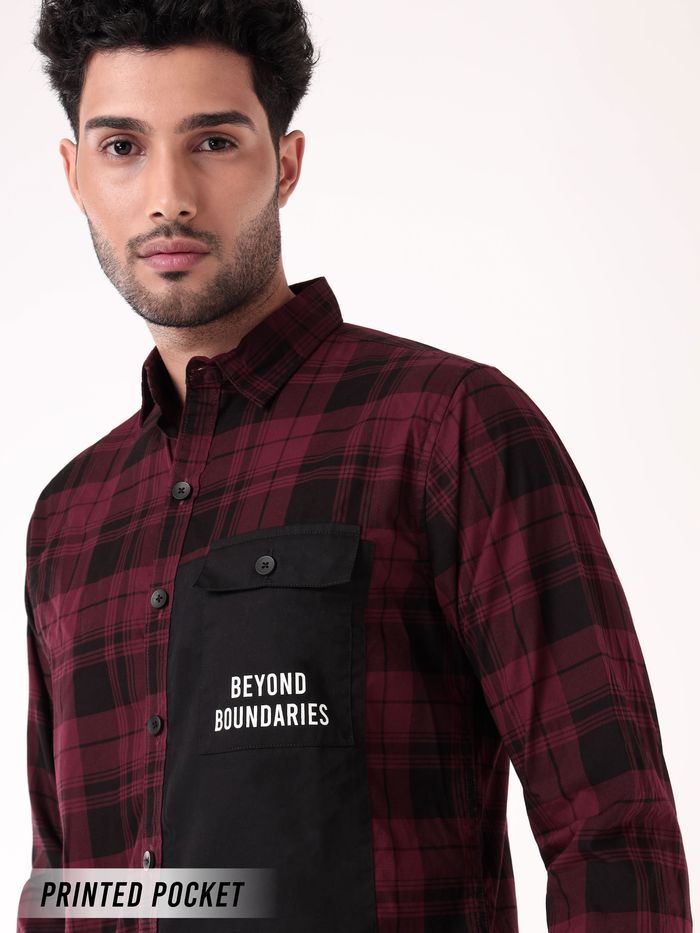 Single Pocket Dark Red Checked Shirts for Men - Image 3