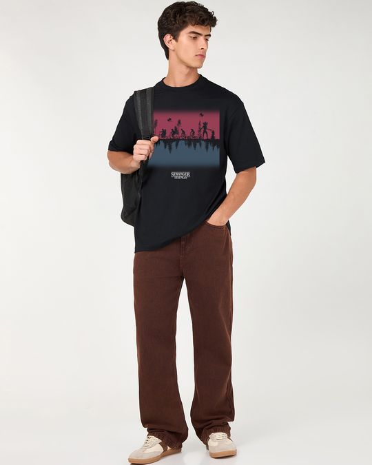 Men's Jet Black Upside Down Graphic Printed Oversized T-shirt - Image 3