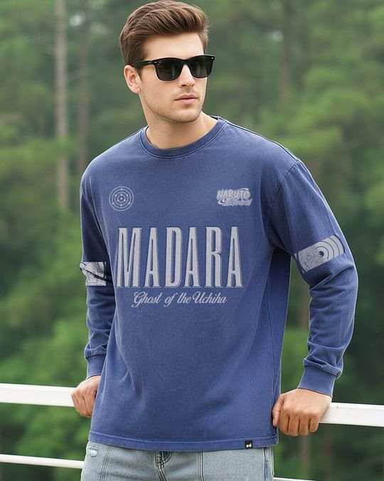 Men's Blue Madara Typography Oversized Acid Wash T-shirt