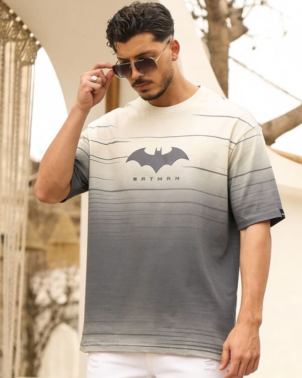 Men's Beige & Grey Batman Graphic Printed Ombre Oversized T-shirt