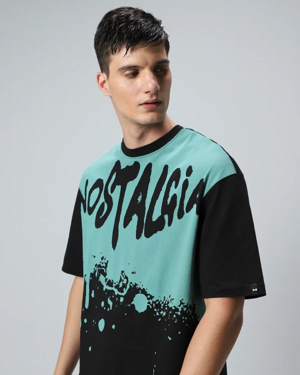 Men's Black & Green Nost Graphic Printed Oversized T-shirt