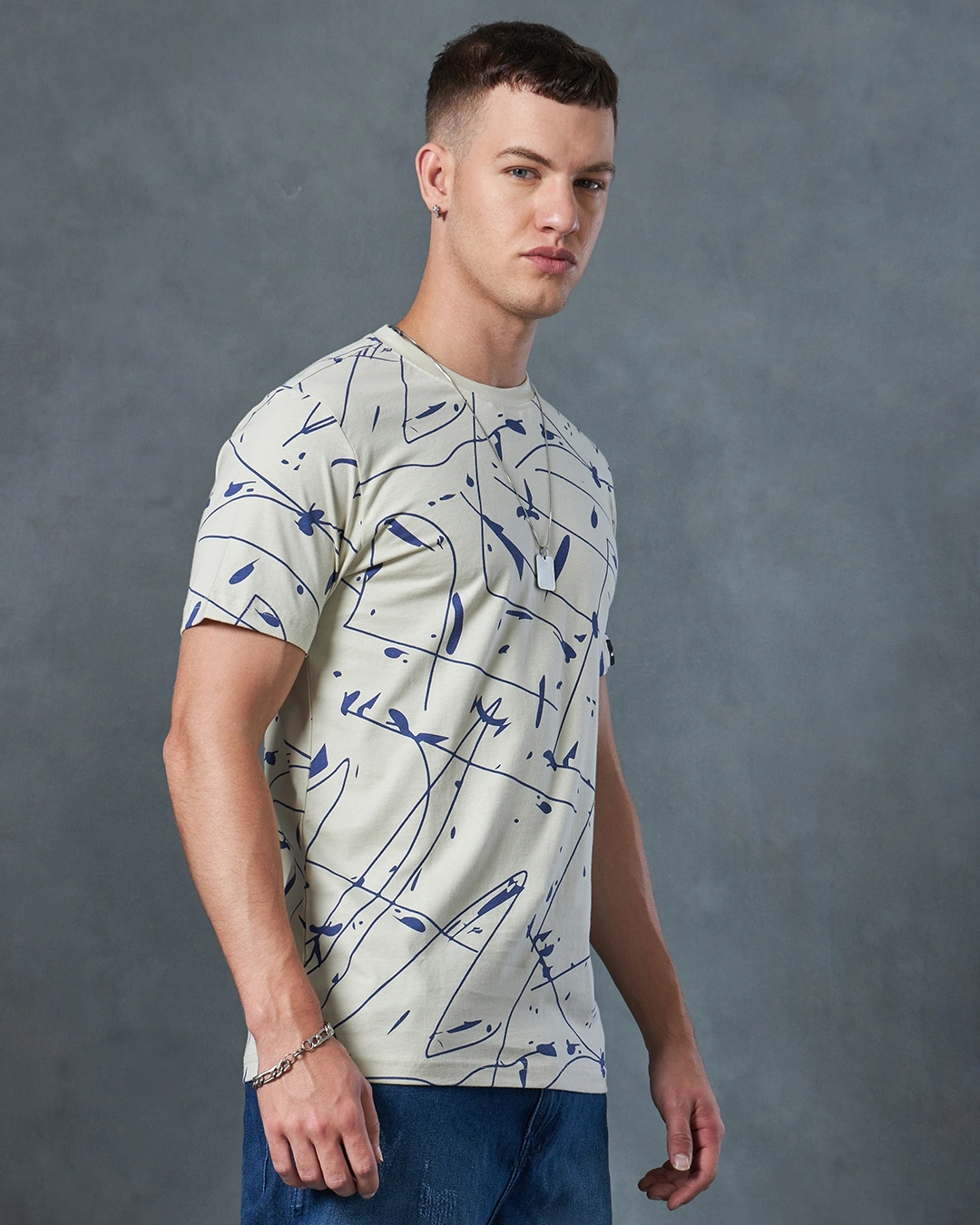 Men's Beige All Over Printed T-shirt - Image 2
