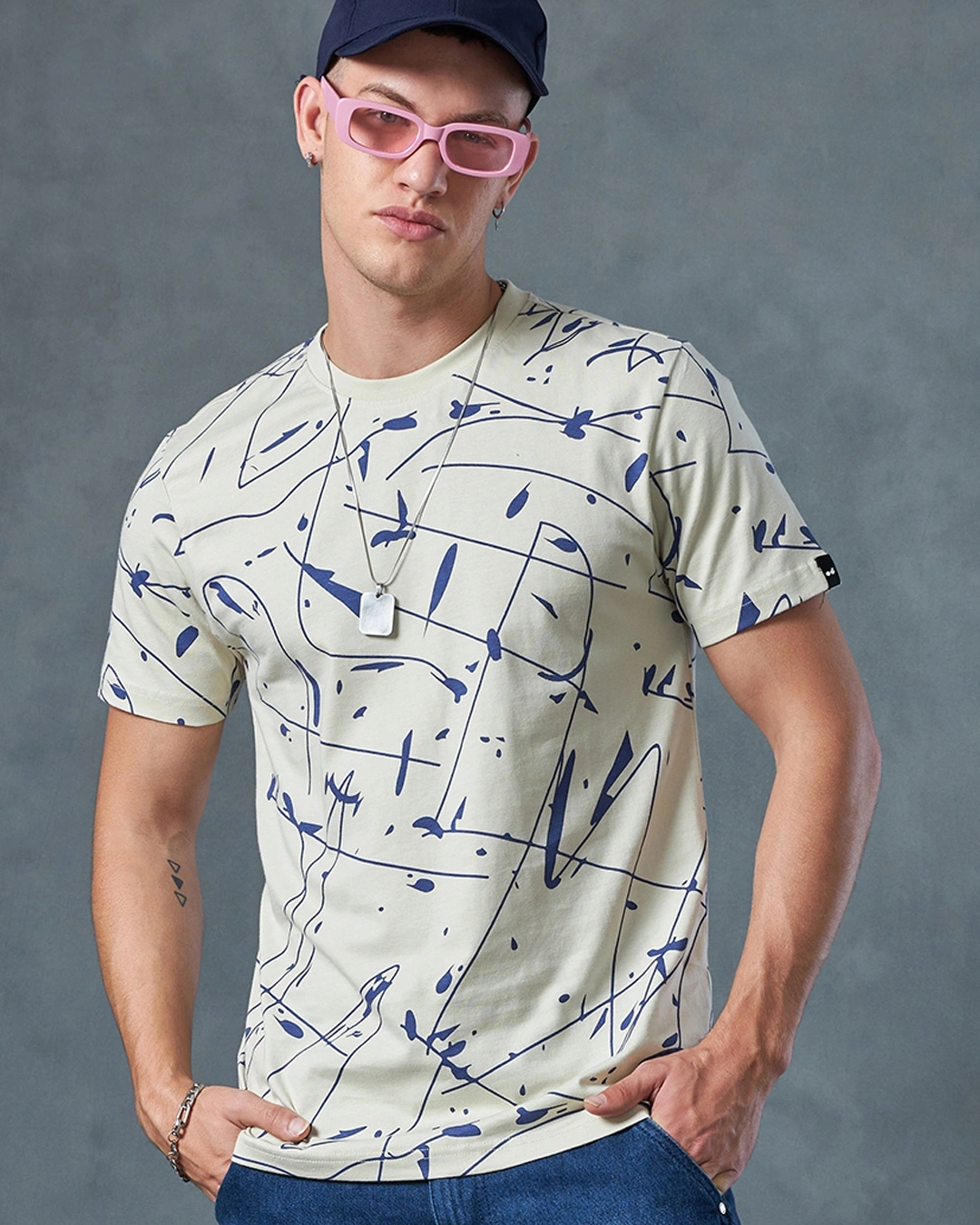 Men's Beige All Over Printed T-shirt
