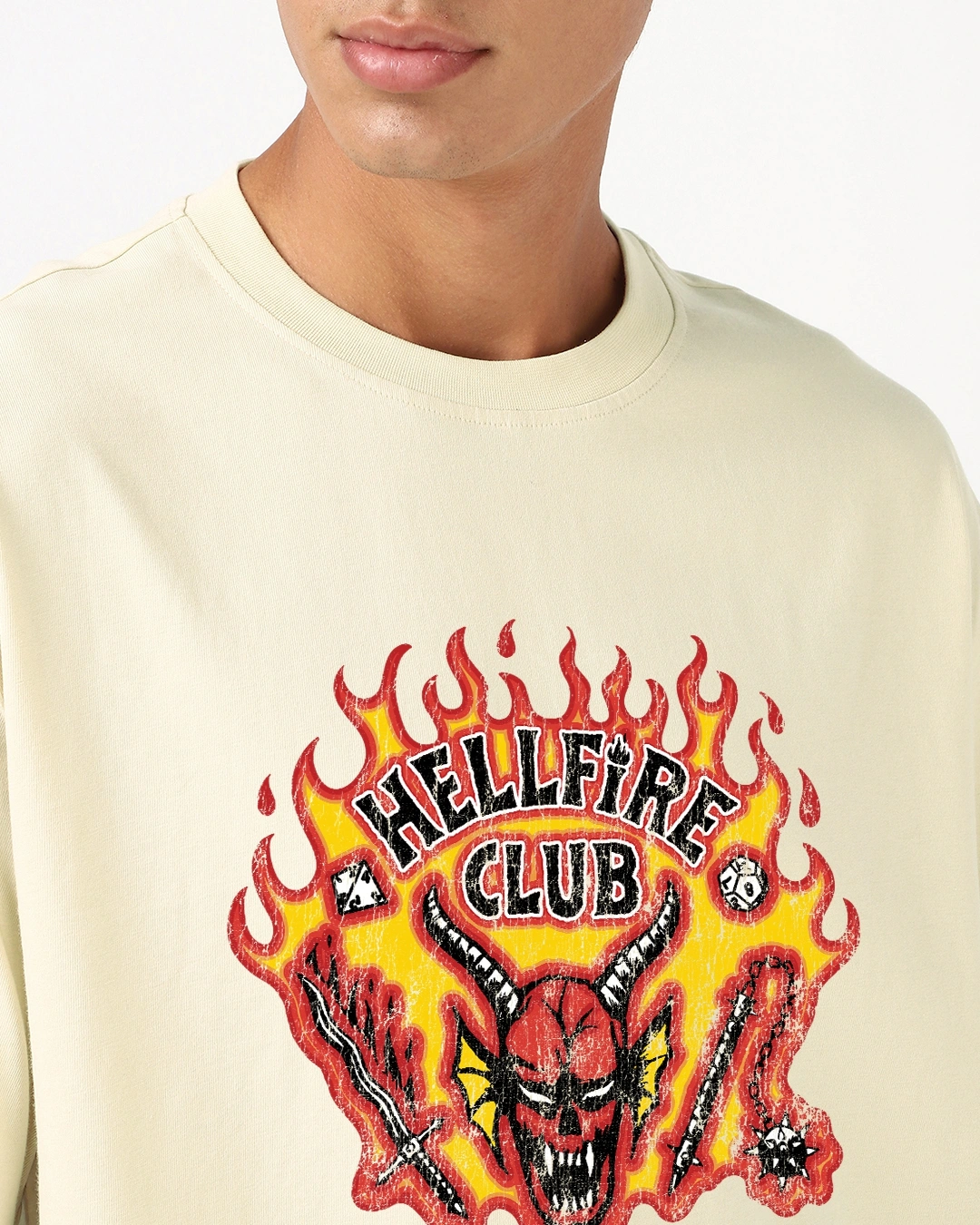 Men's Beige Hellfire Club Graphic Printed Oversized T-shirt - Image 2