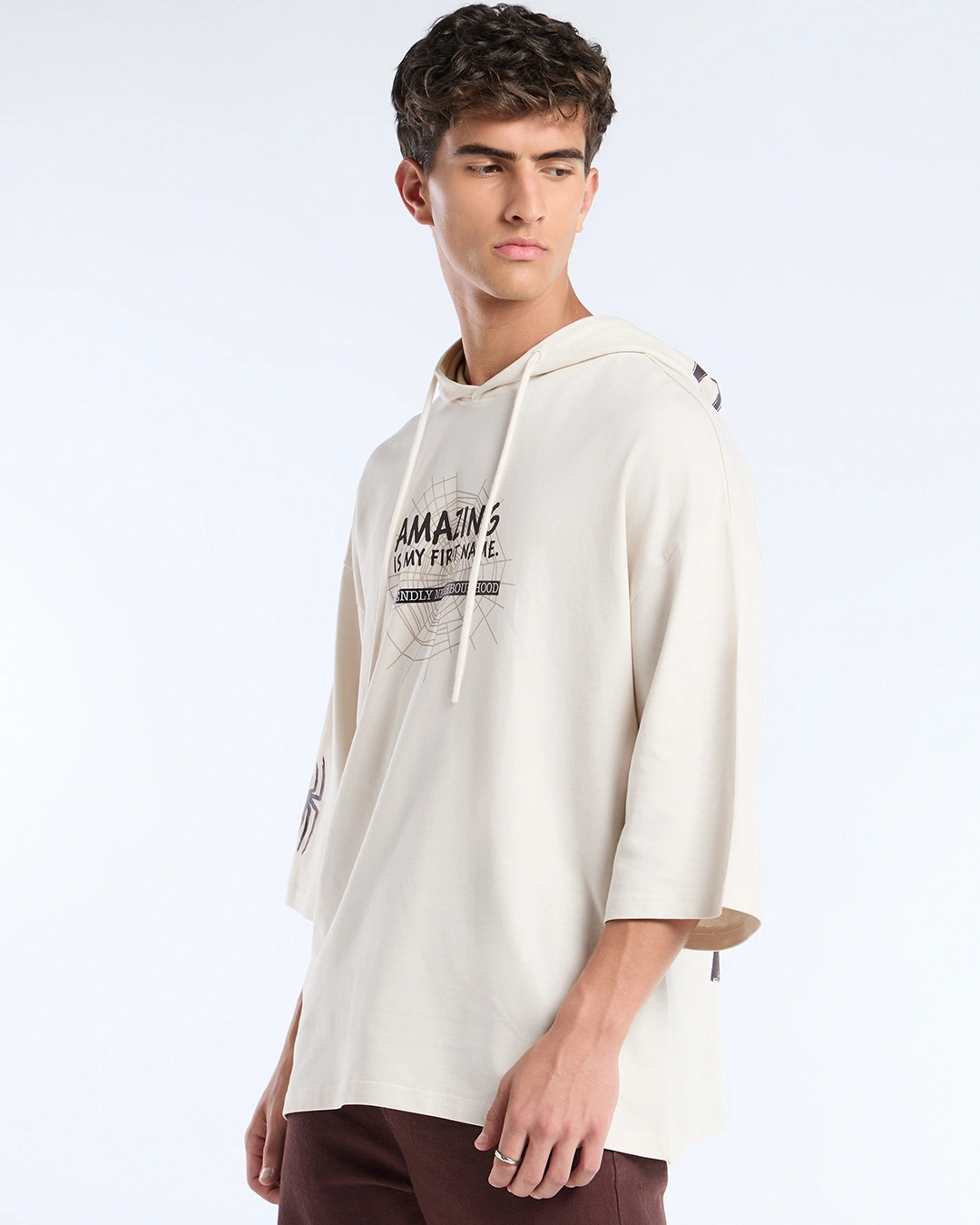 Men's Beige Spiderman Graphic Printed Oversized Hoodie T-shirt - Image 3