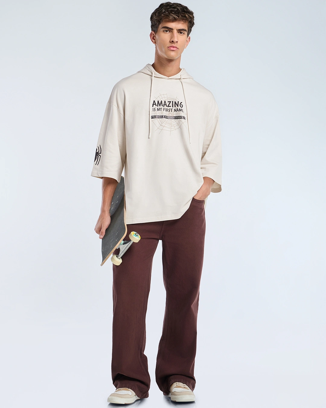 Men's Beige Spiderman Graphic Printed Oversized Hoodie T-shirt - Image 4