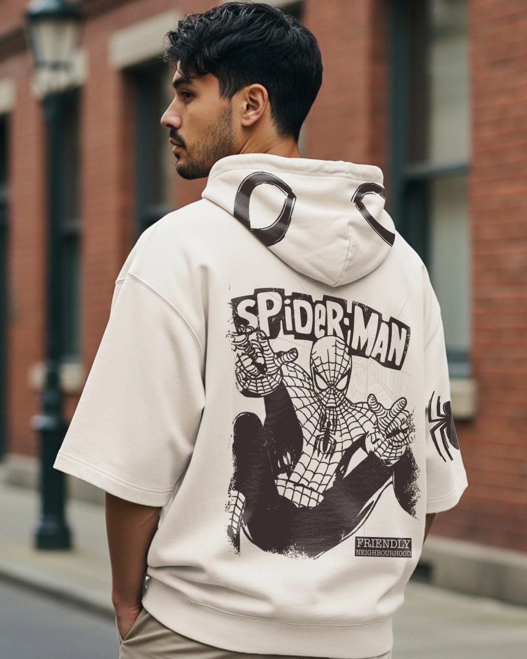 Men's Beige Spiderman Graphic Printed Oversized Hoodie T-shirt
