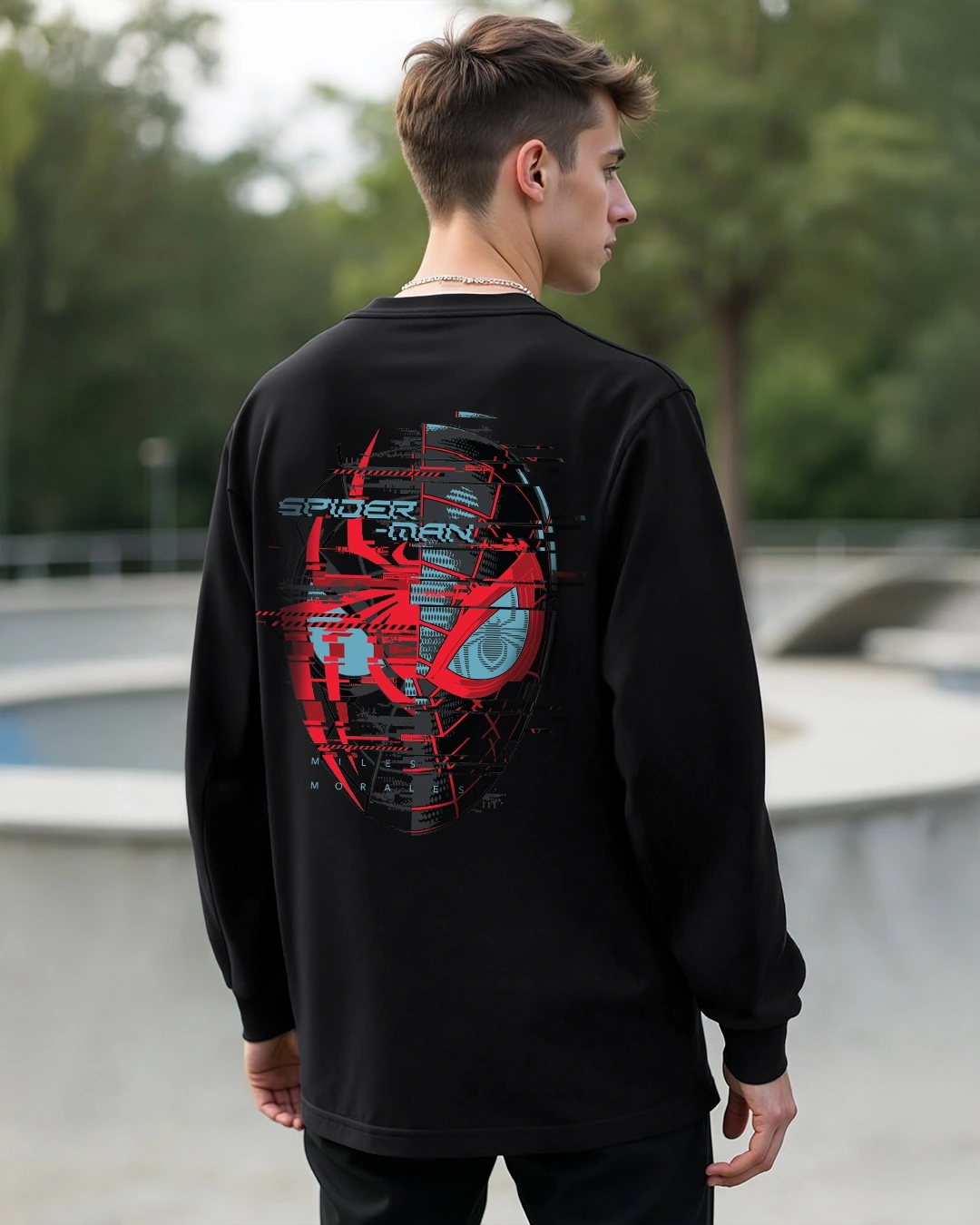 Men's Black Across The Spiderverse Graphic Printed Oversized T-shirt