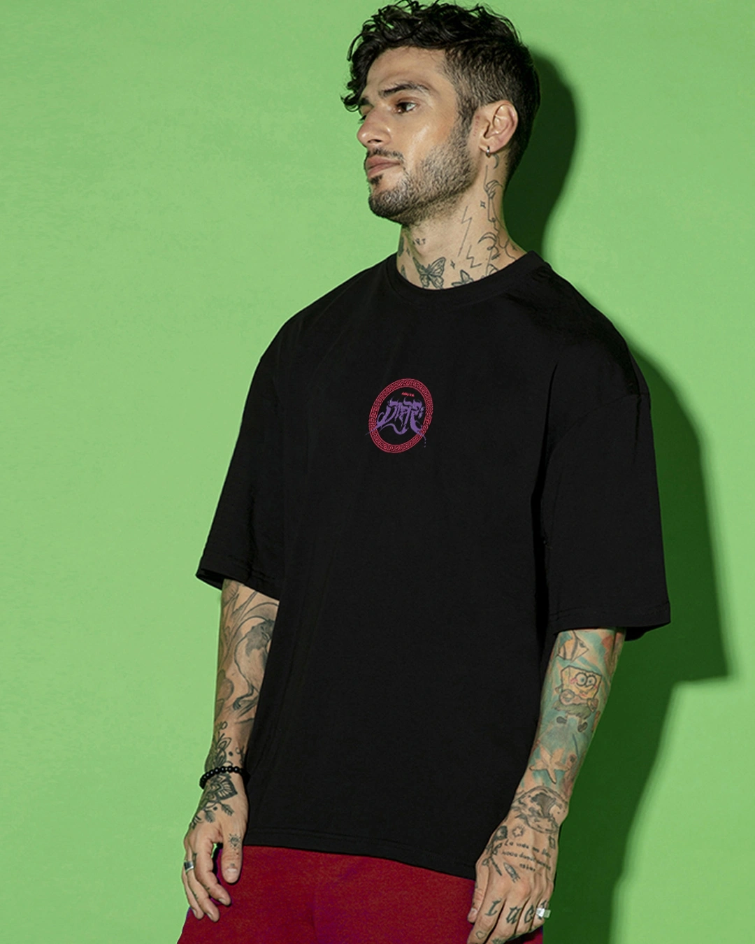 Men's Black Ashura Graphic Printed Oversized T-shirt - Image 3