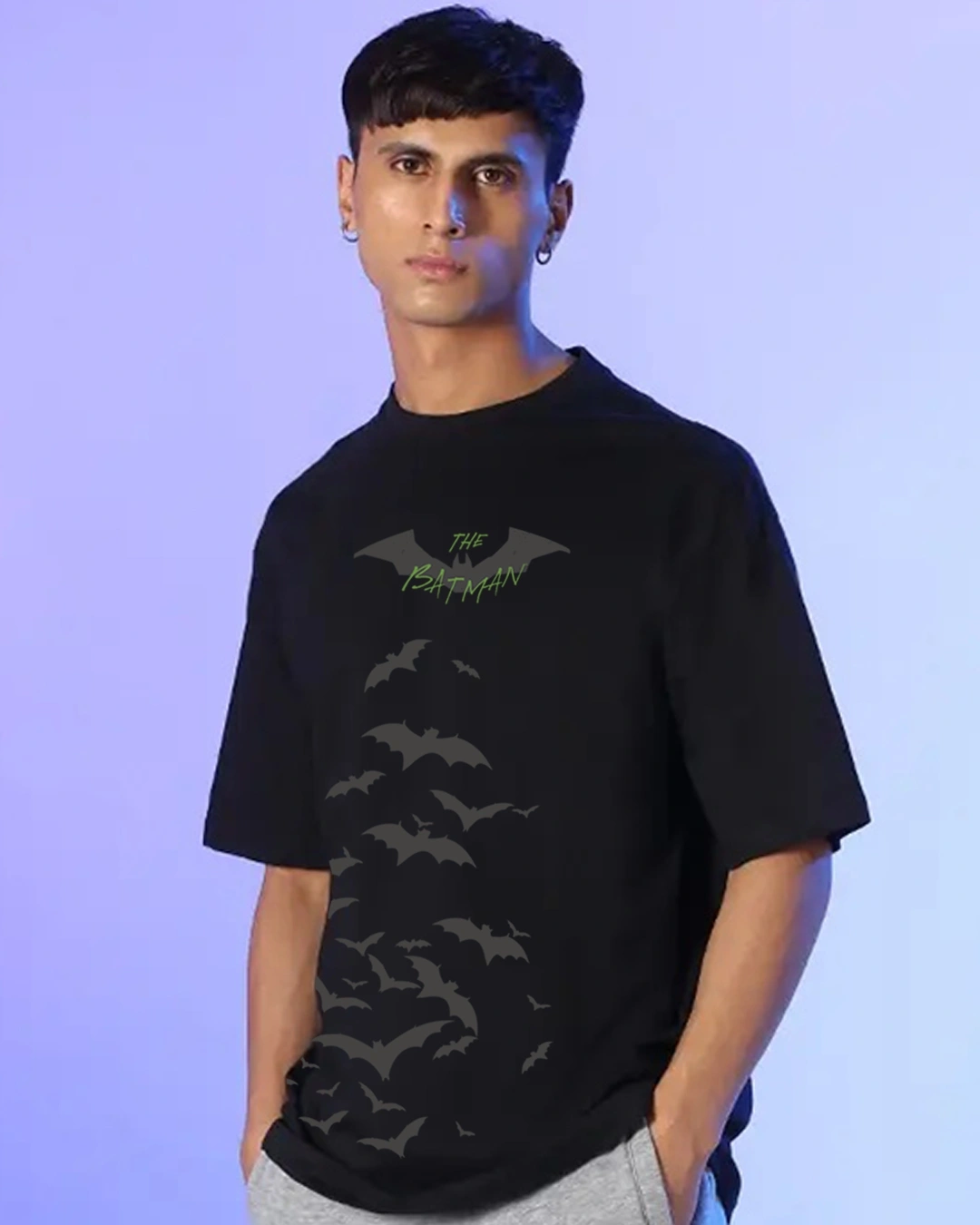 Men's Black Batman Riddle Graphic Printed Oversized T-shirt - Image 2