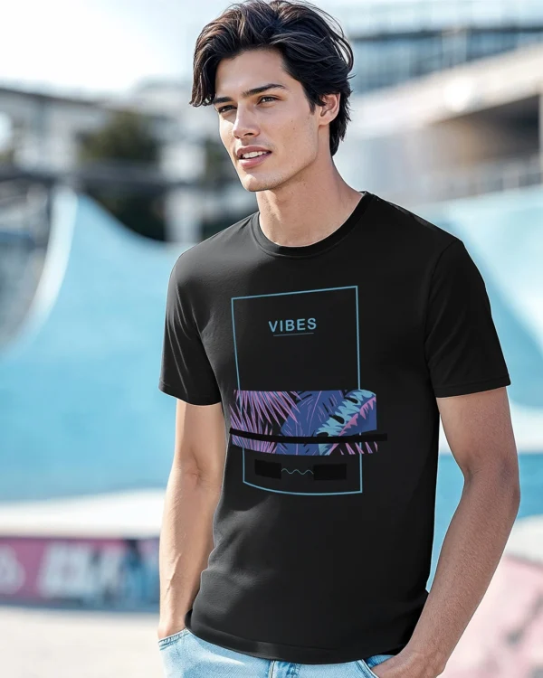 Men's Black Blue Vibes Graphic Printed T-shirt