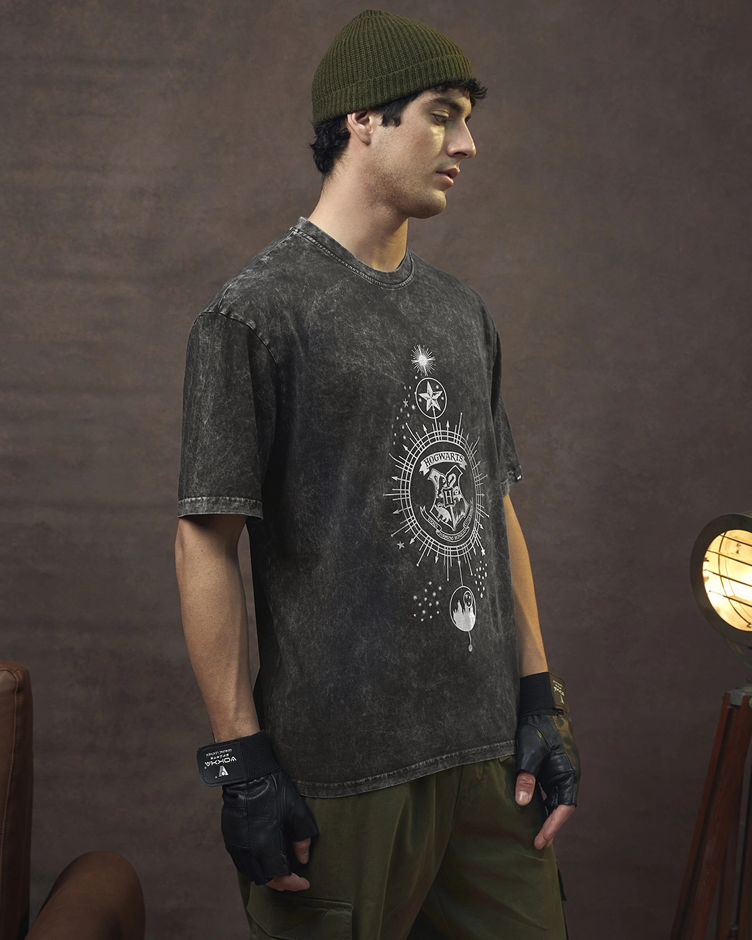 Men's Black Crest Mark Graphic Printed Oversized Acid Wash T-shirt - Image 2