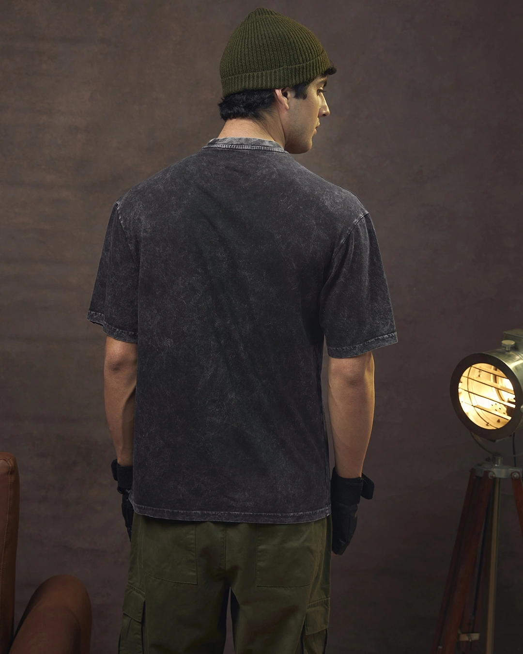 Men's Black Crest Mark Graphic Printed Oversized Acid Wash T-shirt - Image 3