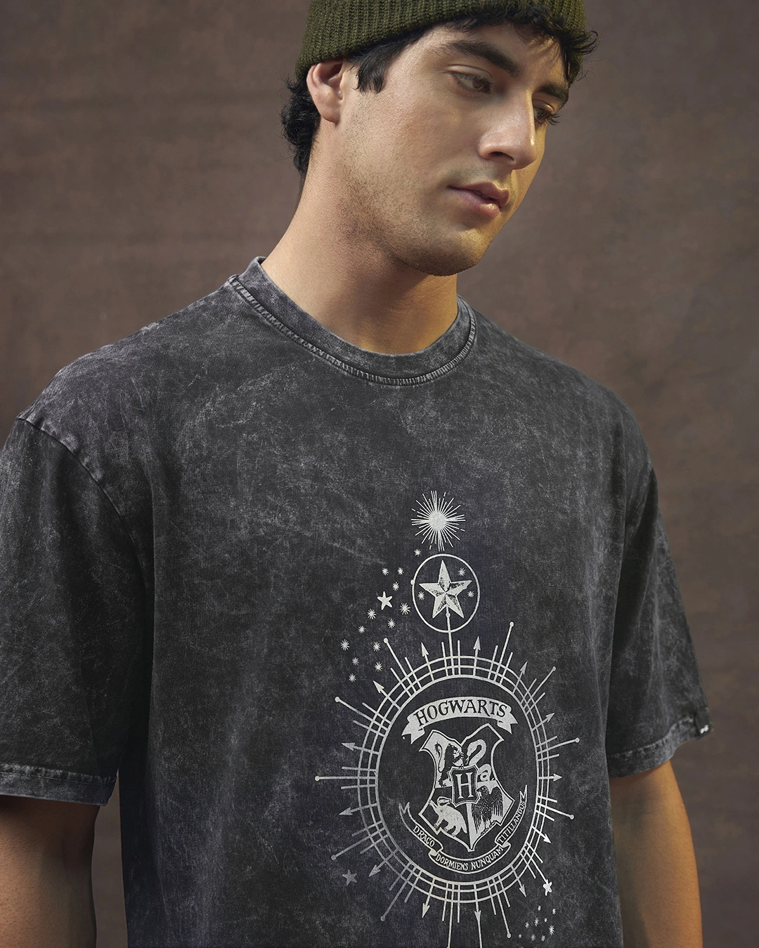 Men's Black Crest Mark Graphic Printed Oversized Acid Wash T-shirt - Image 4