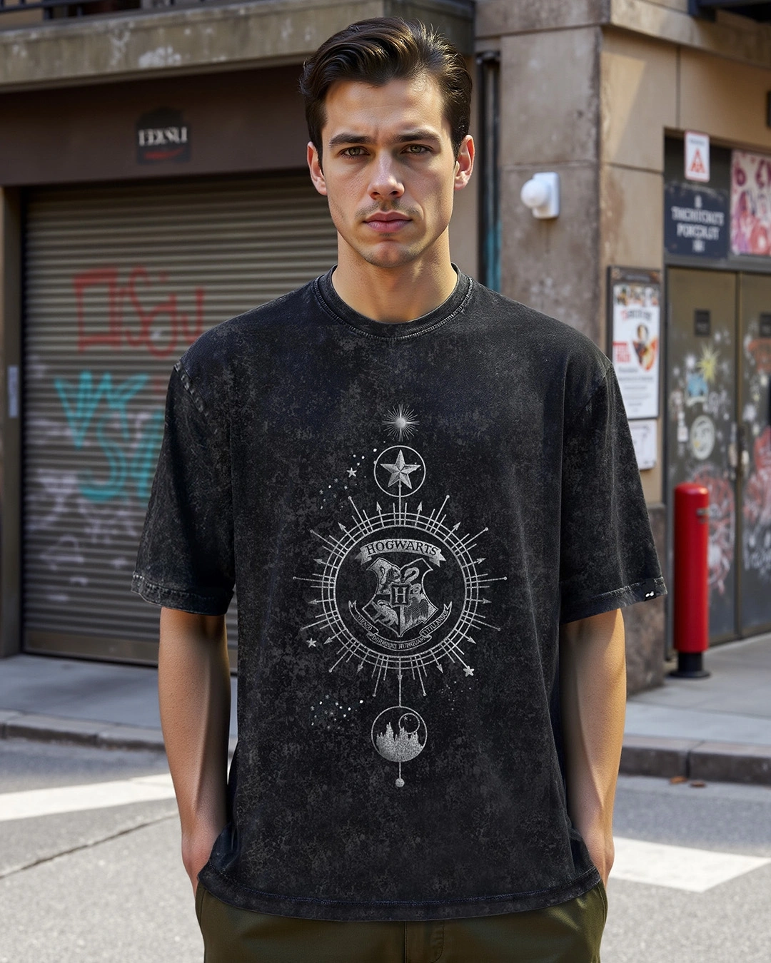 Men's Black Crest Mark Graphic Printed Oversized Acid Wash T-shirt
