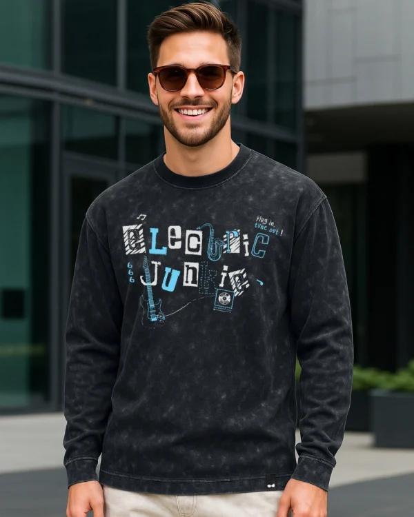 Men's Black Electric Junkie Graphic Printed Oversized Acid Wash T-shirt