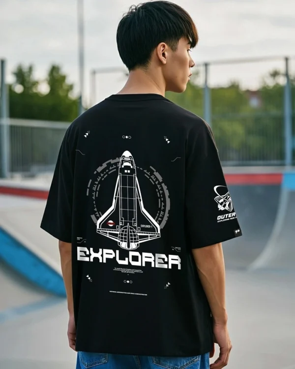 Men's Black Explorer NASA Graphic Printed Oversized T-shirt
