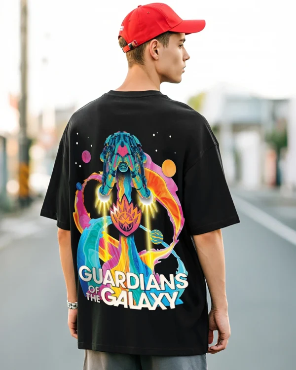Men's Black Galaxy Ship Graphic Printed Oversized T-shirt