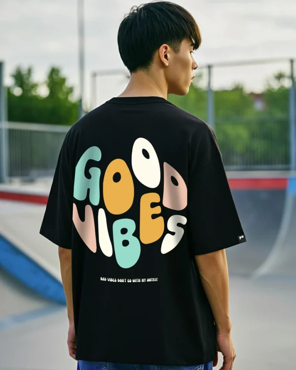 Men's Black Good Vibes Typography Oversized T-shirt