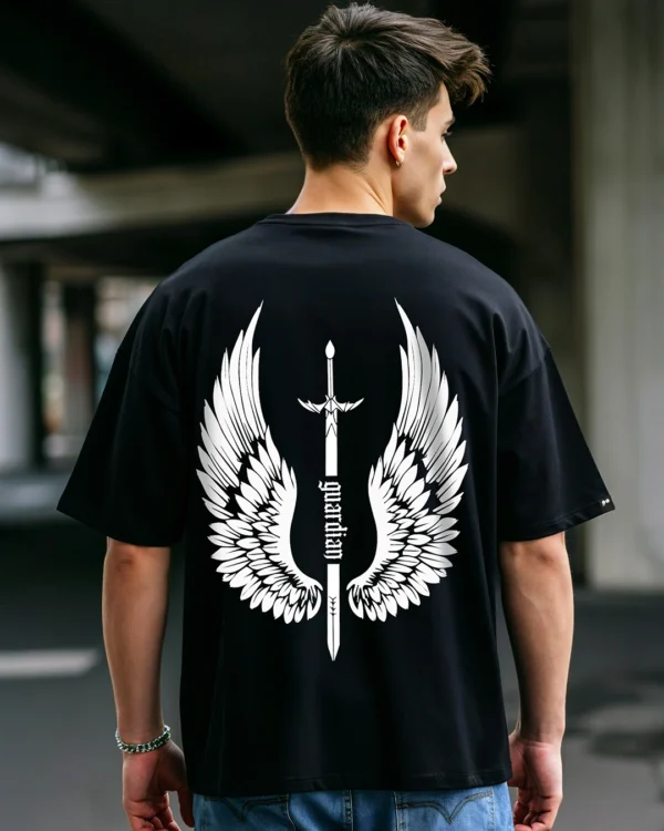 Men's Black Guardian Wings Graphic Printed Oversized T-shirt