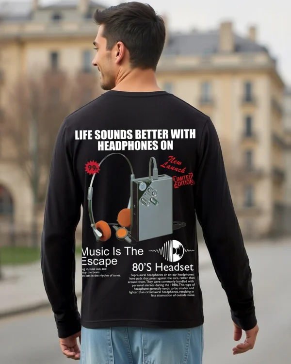 Men's Black Headphone Graphic Printed T-shirt