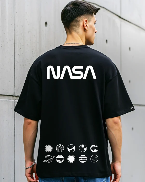 Men's Black NASA Out Of The Space Graphic Printed Oversized T-shirt