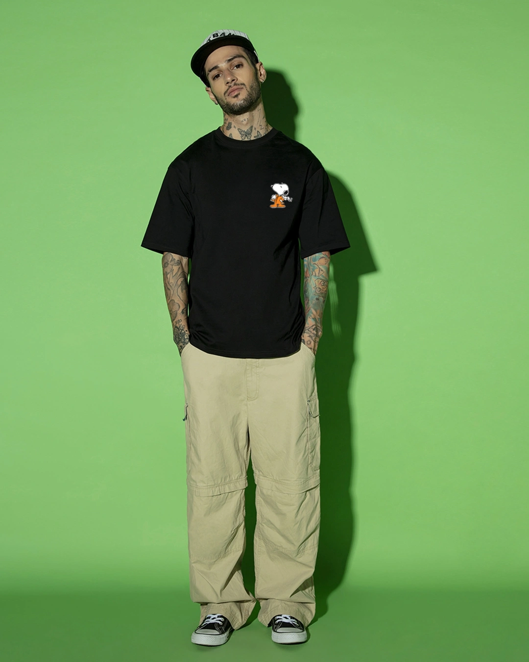 Men's Black Need Space Snoopy Graphic Printed Oversized T-shirt - Image 3