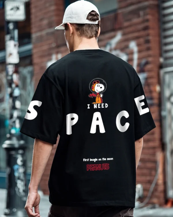 Men's Black Need Space Snoopy Graphic Printed Oversized T-shirt
