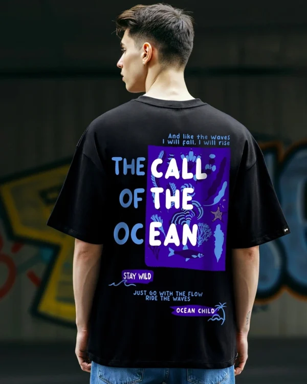 Men's Black Ocean Child Graphic Printed Oversized T-shirt