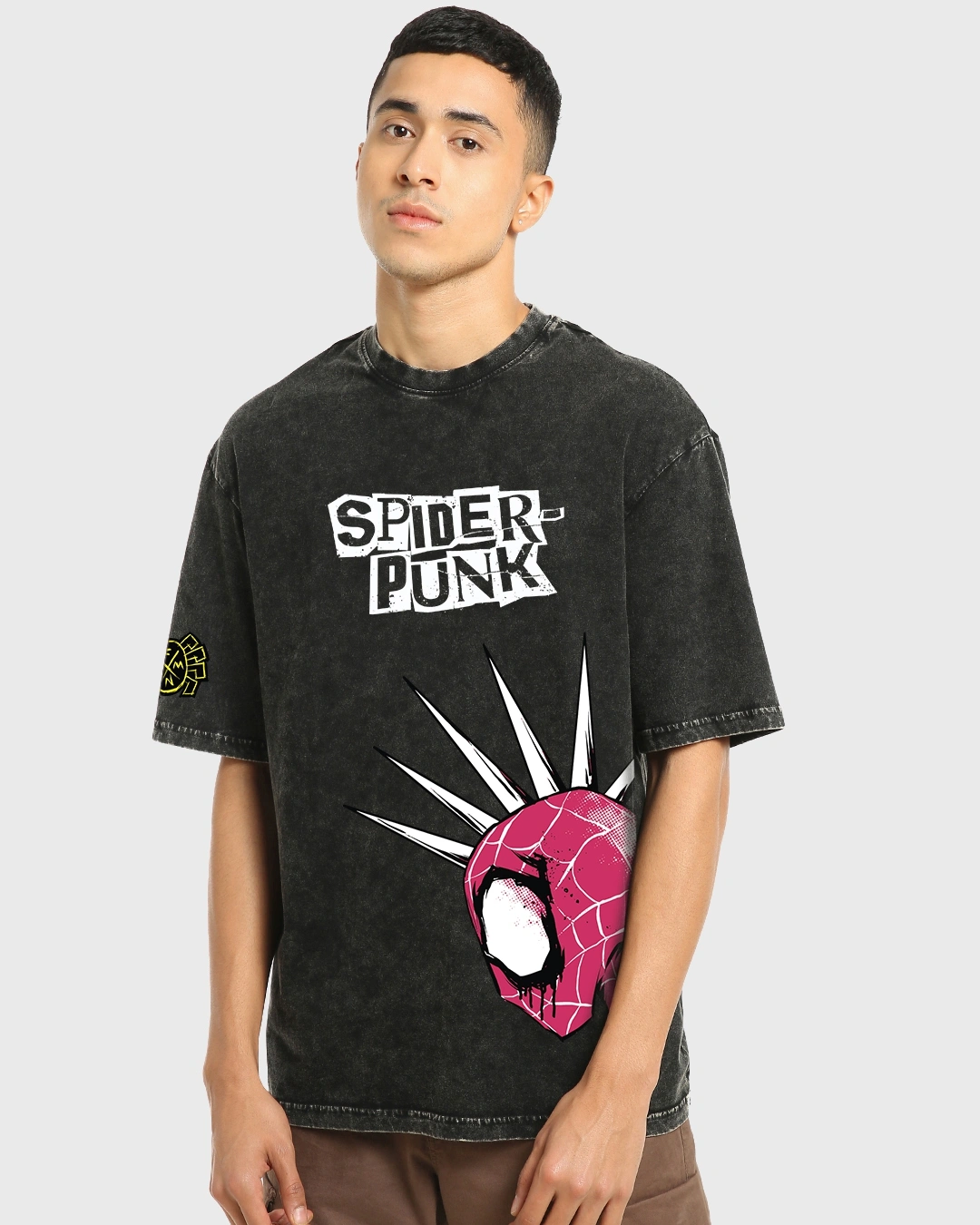 Men's Black Spider Punk Graphic Printed Oversized Acid Wash T-shirt - Image 2