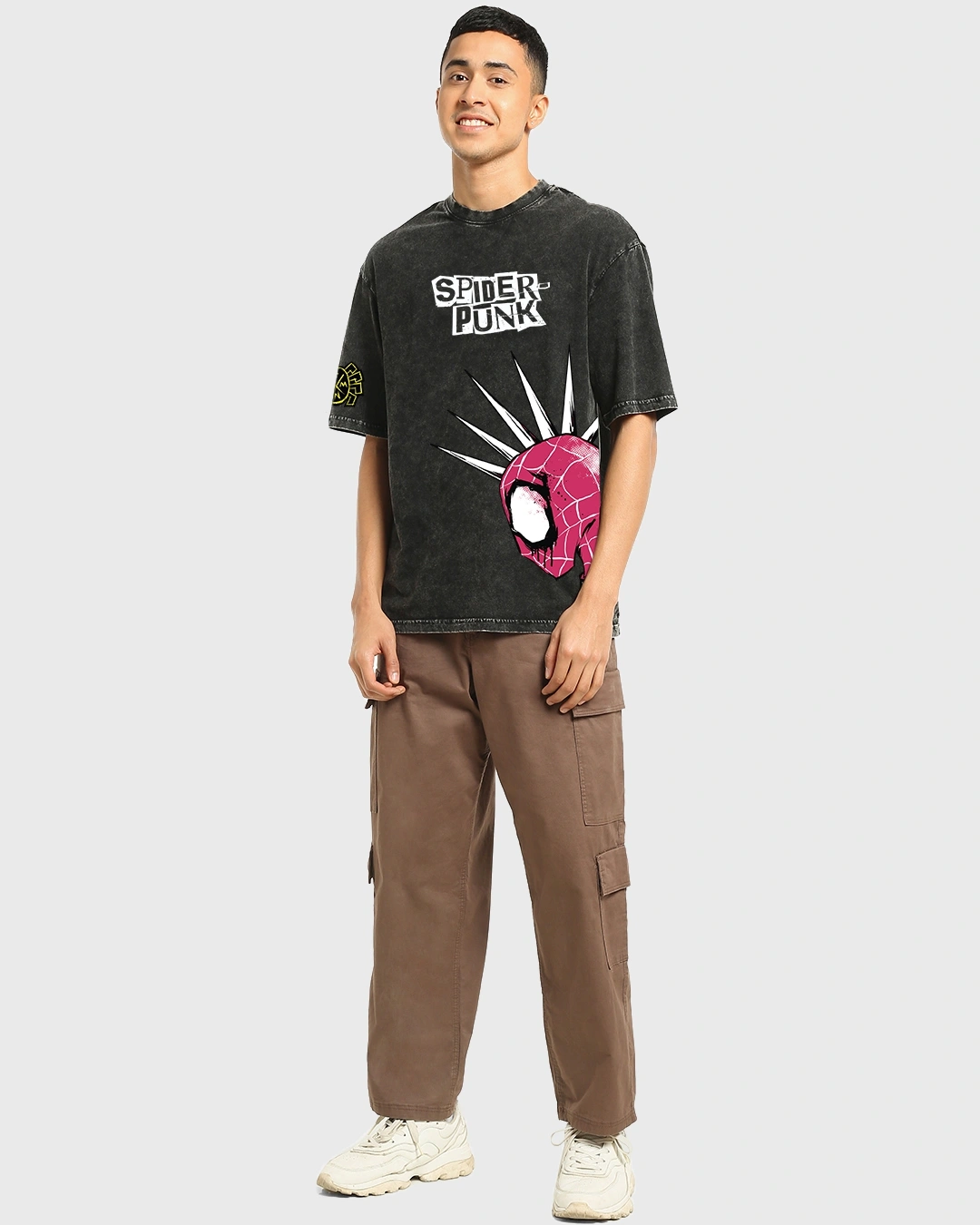 Men's Black Spider Punk Graphic Printed Oversized Acid Wash T-shirt - Image 4
