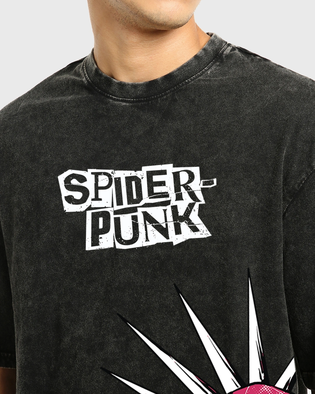 Men's Black Spider Punk Graphic Printed Oversized Acid Wash T-shirt - Image 5