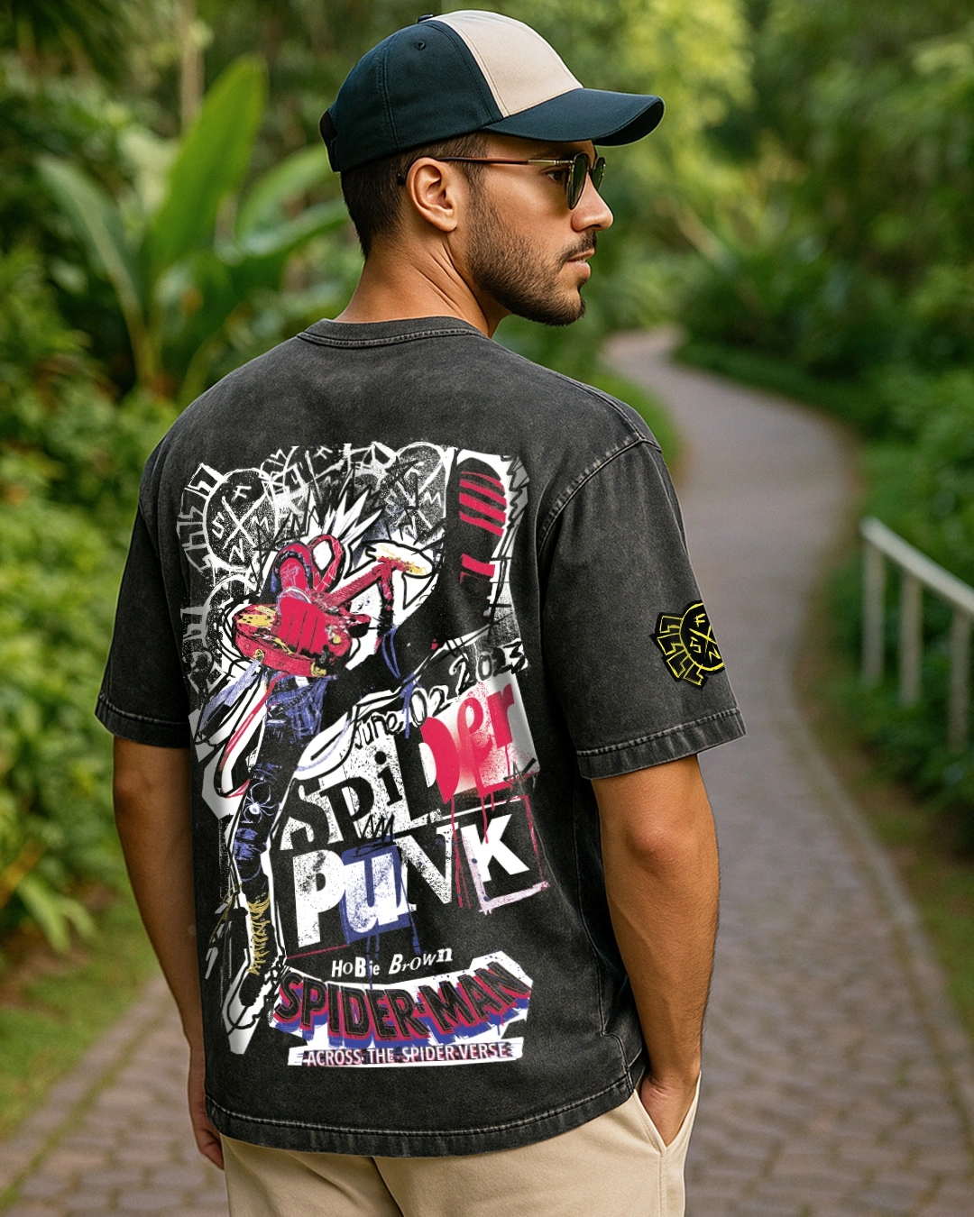 Men's Black Spider Punk Graphic Printed Oversized Acid Wash T-shirt