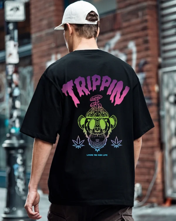 Men's Black Tripping Monkey Graphic Printed Oversized T-shirt