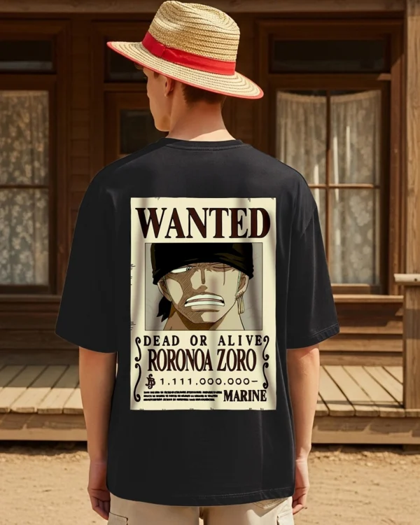 Men's Black Wanted Zoro Graphic Printed Oversized T-shirt