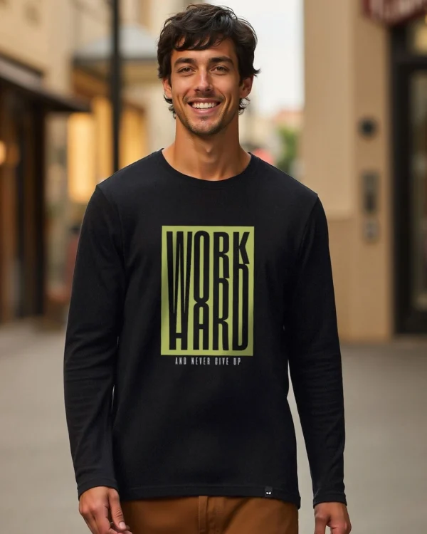 Men's Black Work Hard Graphic Printed T-shirt